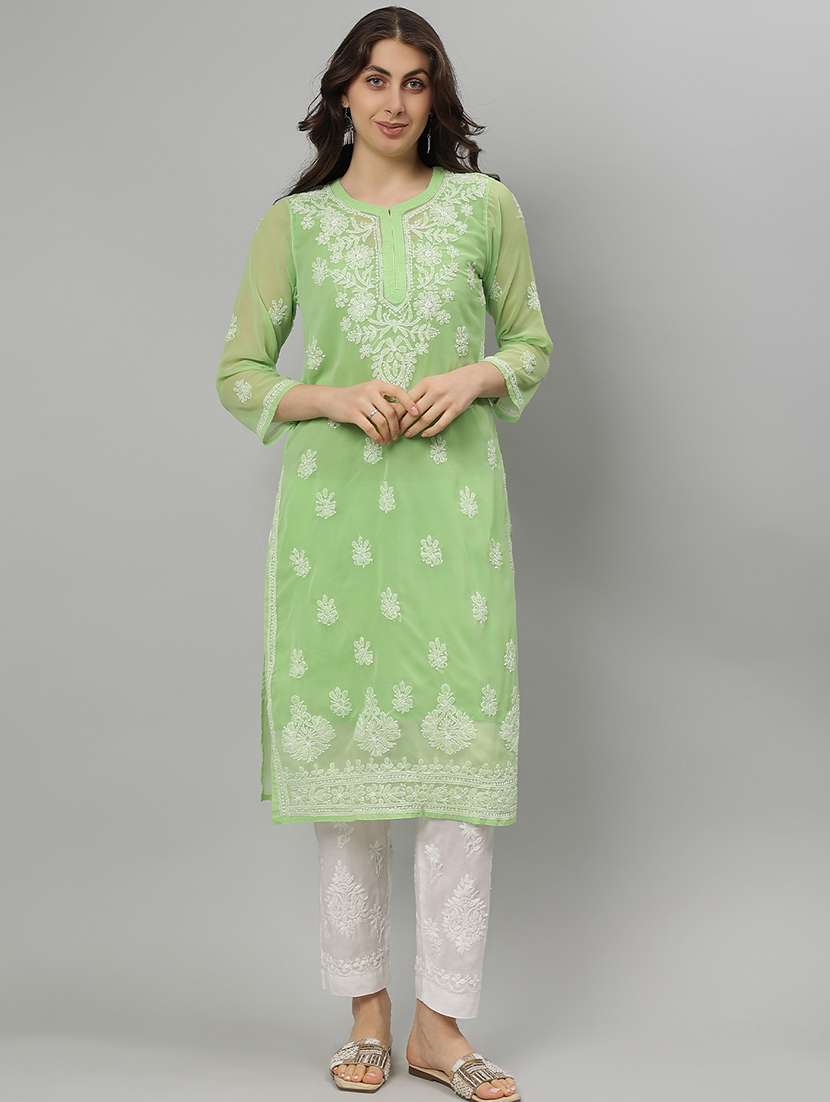 women three quarter sleeve straight chikankari kurta