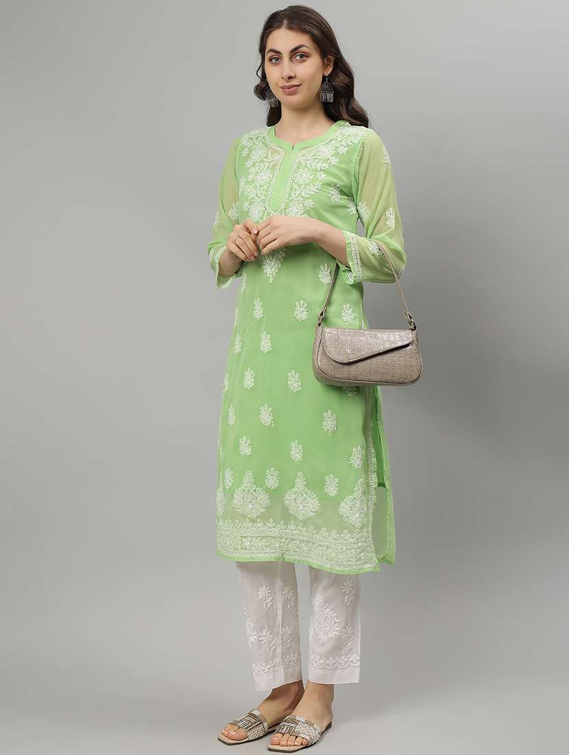women three quarter sleeve straight chikankari kurta - 21750156 - Standard Image - 5