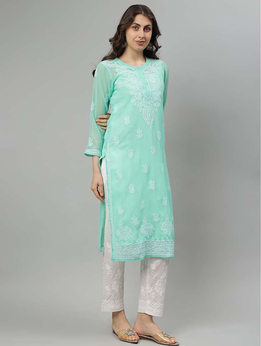 women three quarter sleeve straight chikankari kurta - 21750157 - Standard Image - 3