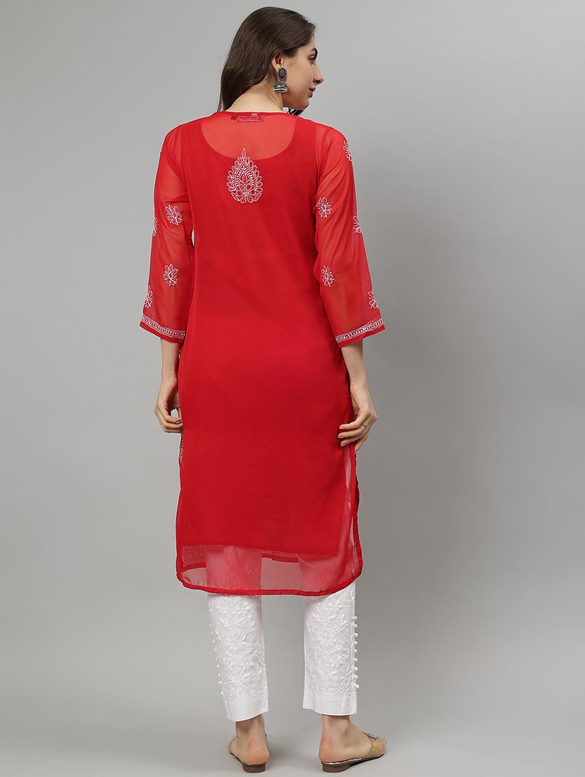 women three quarter sleeve straight chikankari kurta - 21750159 - Standard Image - 3