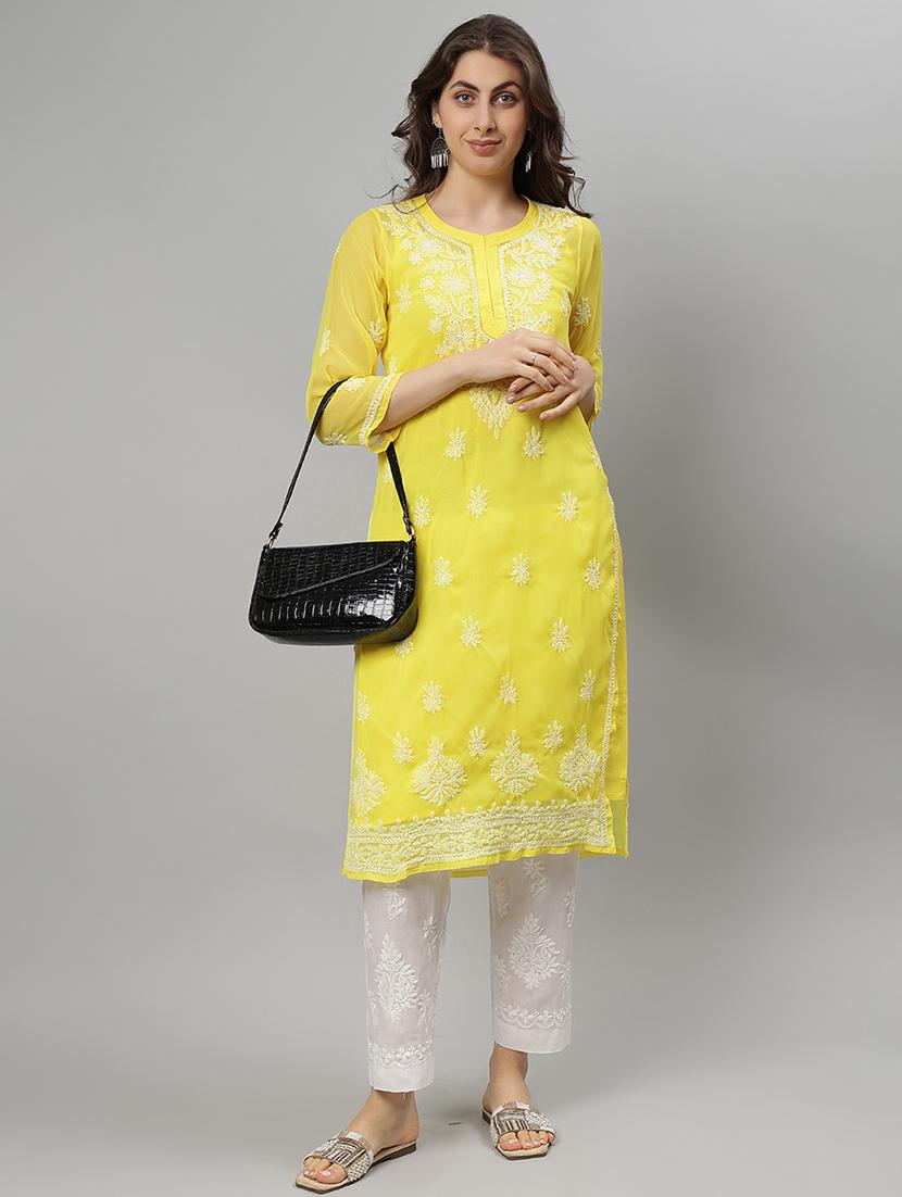 women three quarter sleeve straight chikankari kurta - 21750160 - Standard Image - 5