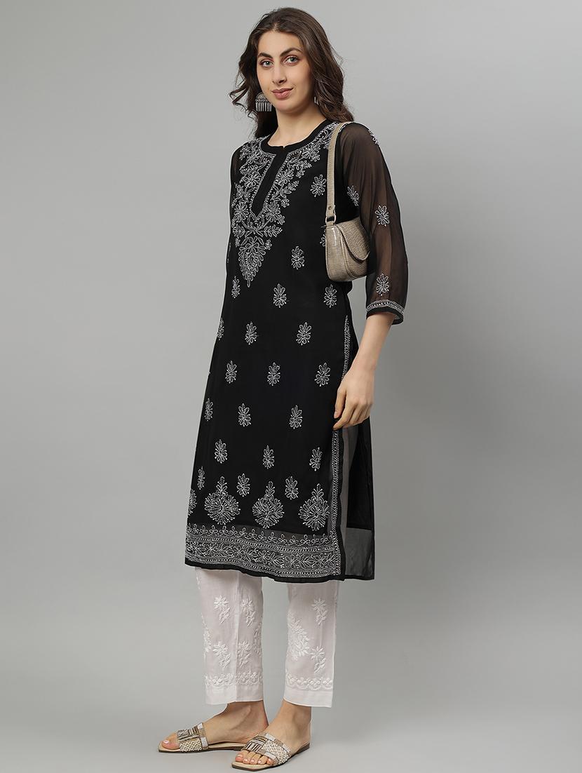 women three quarter sleeve straight chikankari kurta - 21750161 - Standard Image - 3