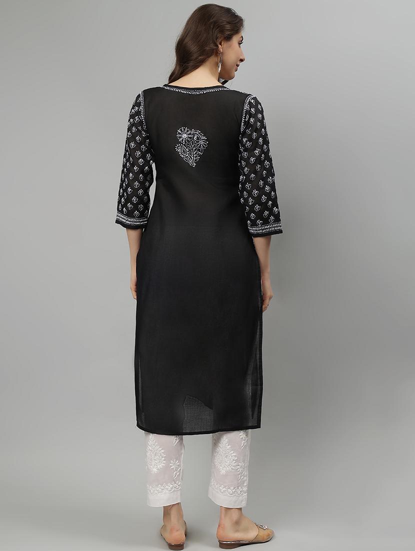 women three quarter sleeve straight chikankari kurta - 21750167 - Standard Image - 3