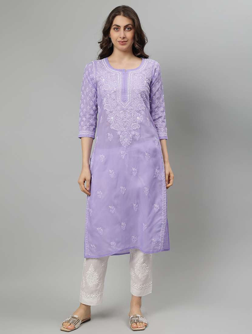 women three quarter sleeve straight chikankari kurta - 21750168 - Zoom Image - 0