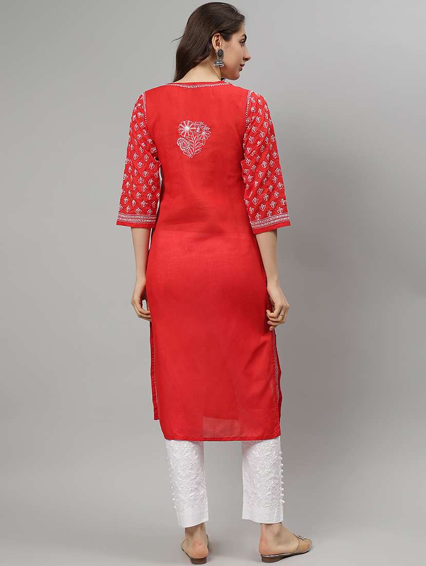 women three quarter sleeve straight chikankari kurta - 21750170 - Standard Image - 3