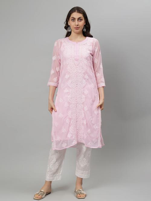 women three quarter sleeve straight chikankari kurta - 21750171 -  Standard Image - 0