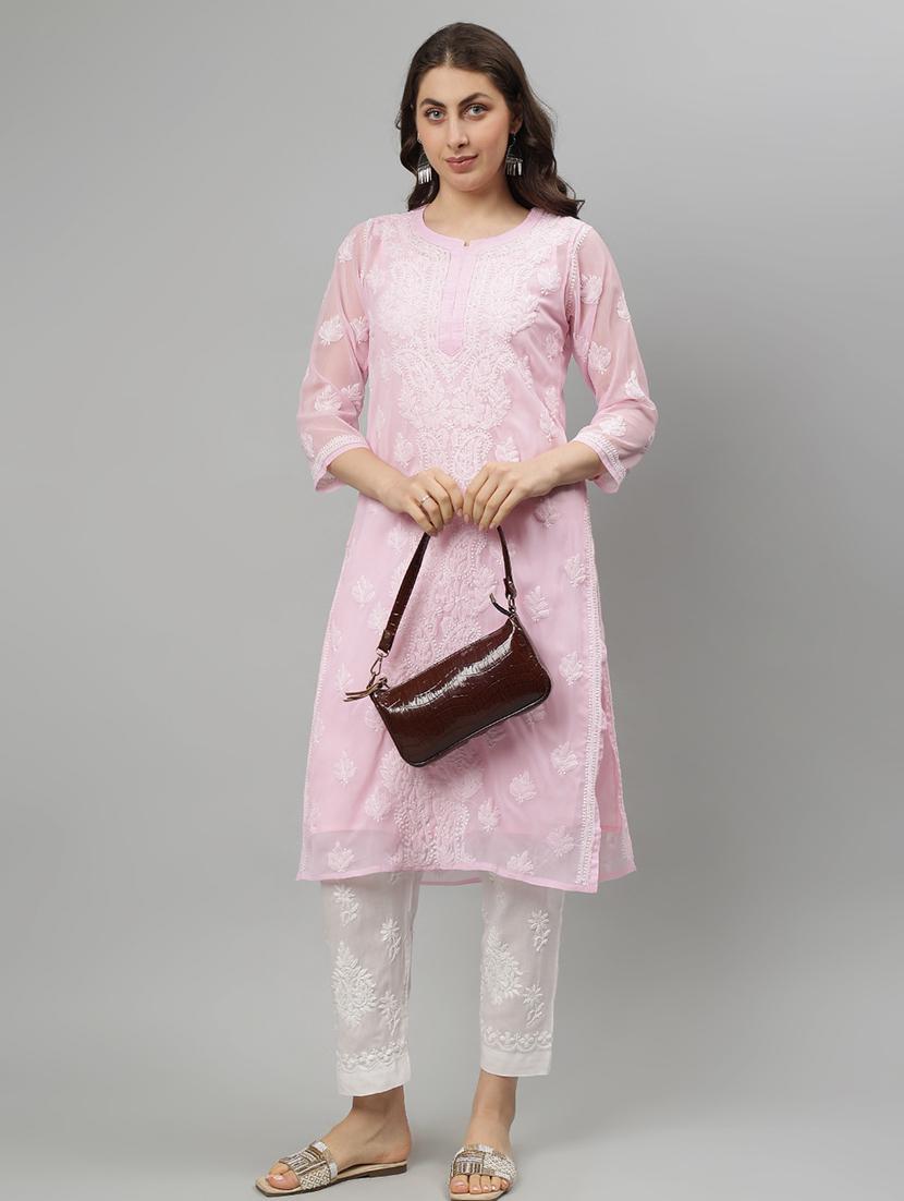 women three quarter sleeve straight chikankari kurta - 21750171 - Standard Image - 5