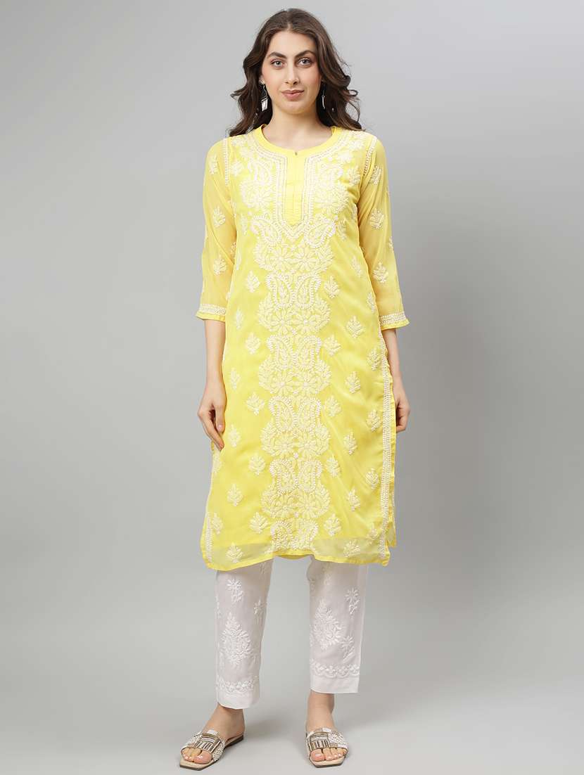 women three quarter sleeve straight chikankari kurta