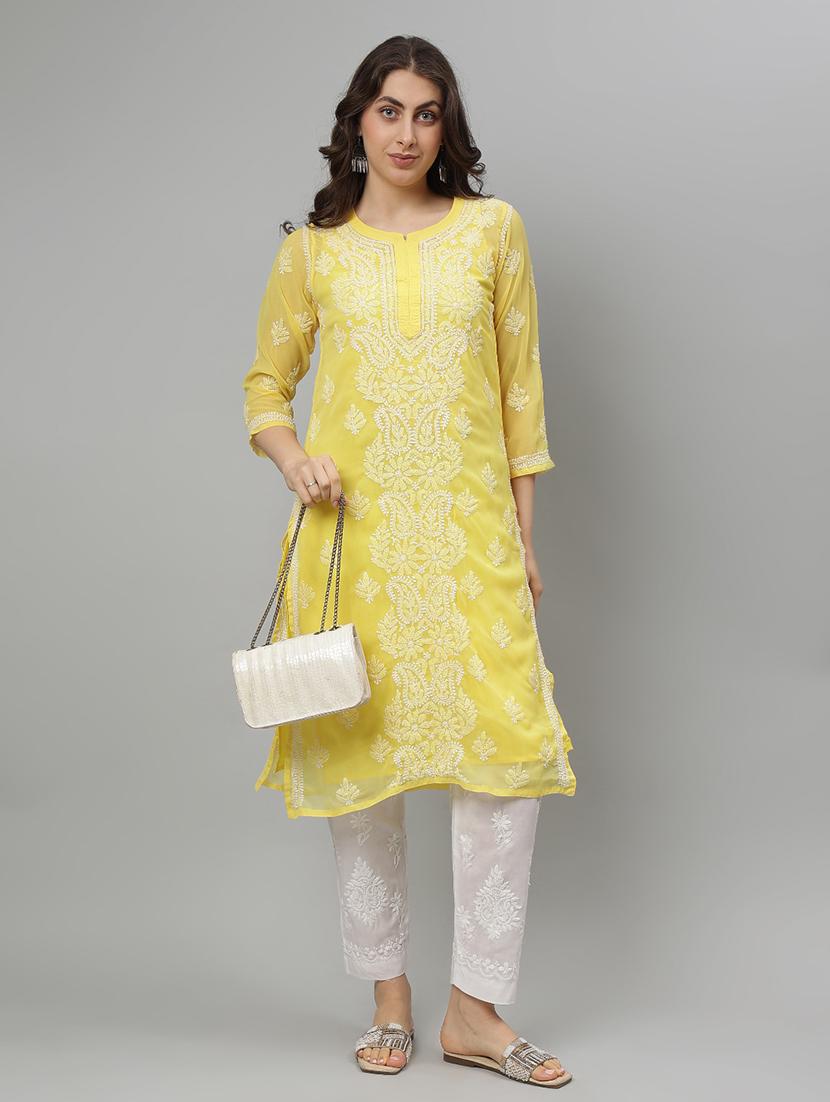 women three quarter sleeve straight chikankari kurta - 21750172 - Standard Image - 5