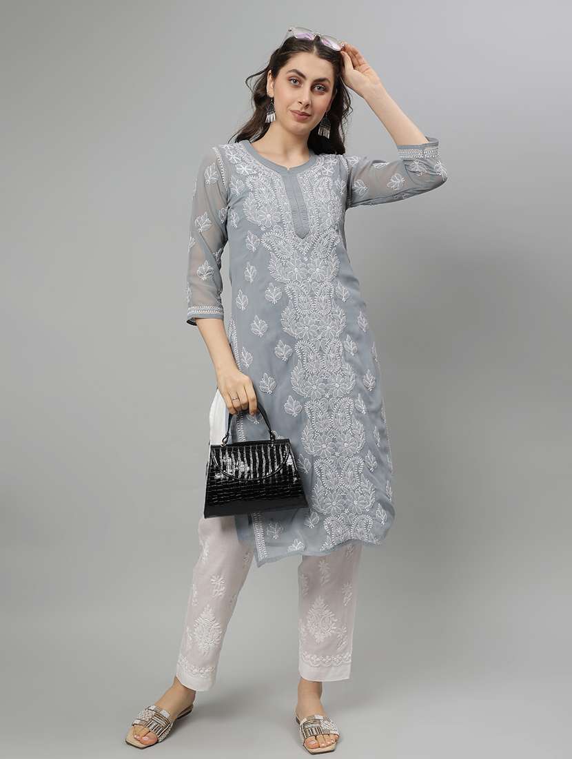 women three quarter sleeve straight chikankari kurta - 21750173 - Standard Image - 3
