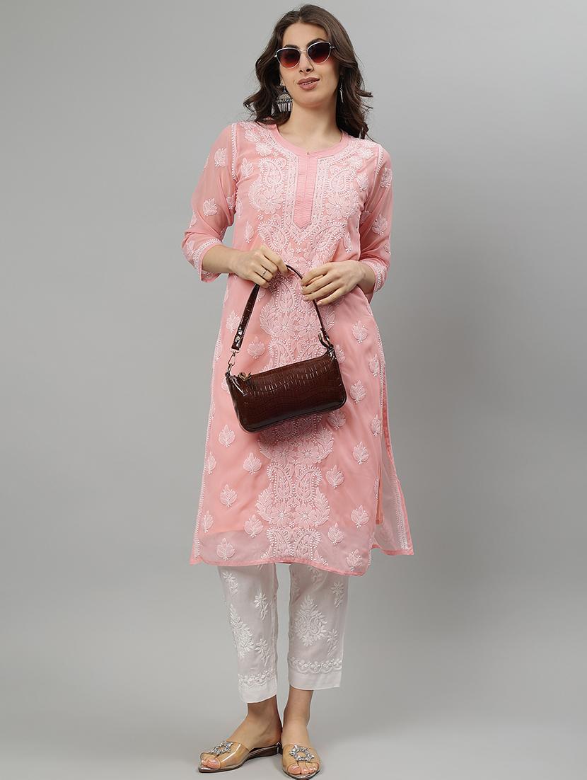 women three quarter sleeve straight chikankari kurta - 21750174 - Standard Image - 5