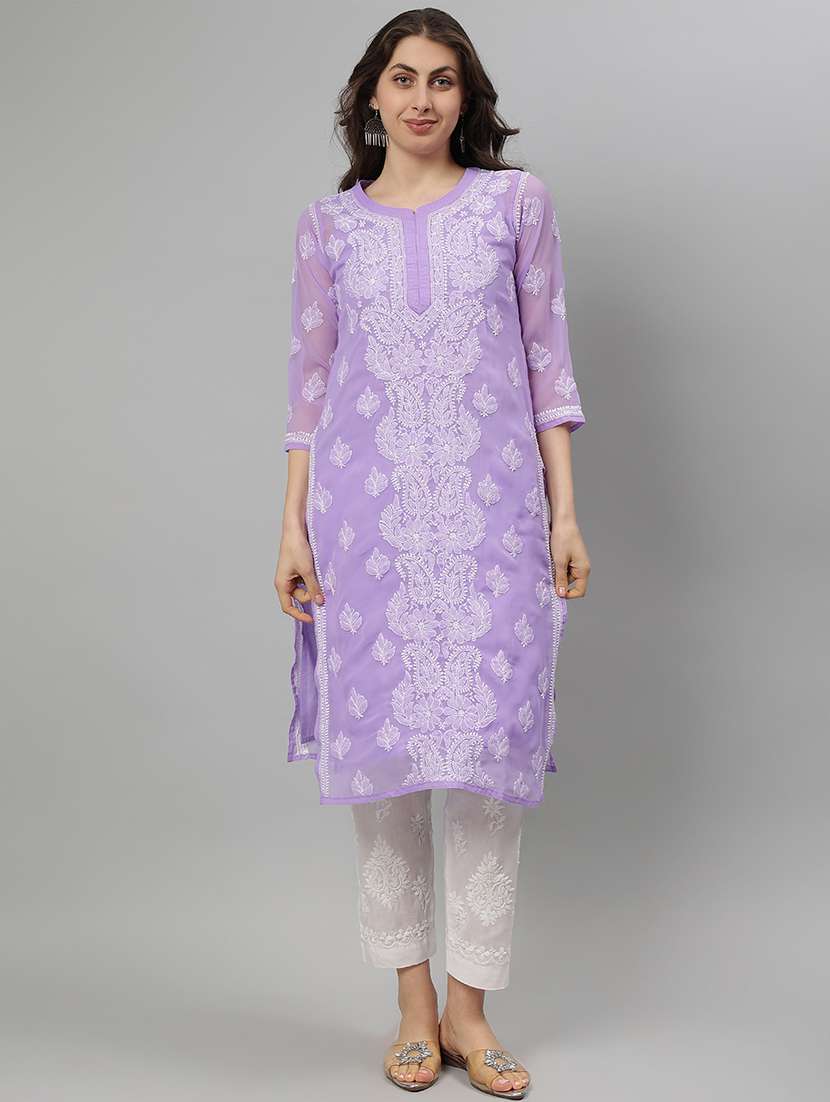 women three quarter sleeve straight chikankari kurta