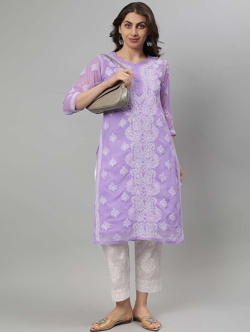 women three quarter sleeve straight chikankari kurta - 21750176 -  Standard Image - 5