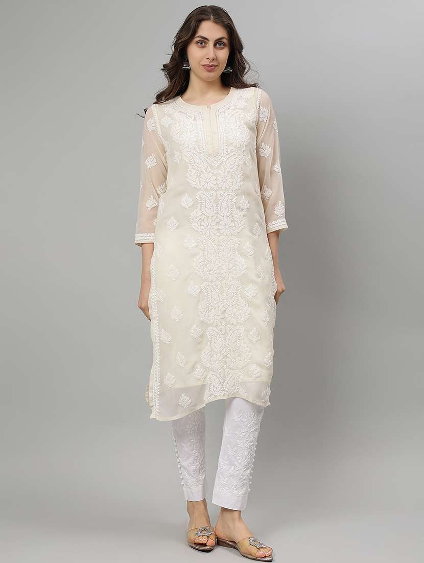 women three quarter sleeve straight chikankari kurta
