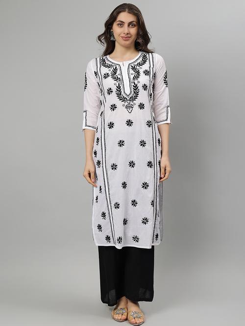women three quarter sleeve straight chikankari kurta - 21750178 - Standard Image - 0