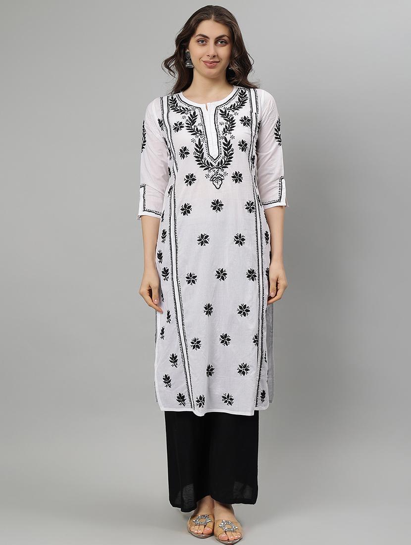 women three quarter sleeve straight chikankari kurta - 21750178 - Zoom Image - 0