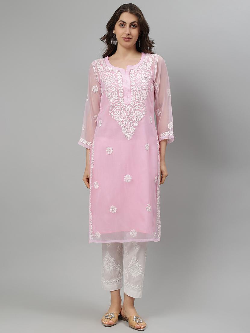 women three quarter sleeve straight chikankari kurta - 21750180 -  Zoom Image - 0