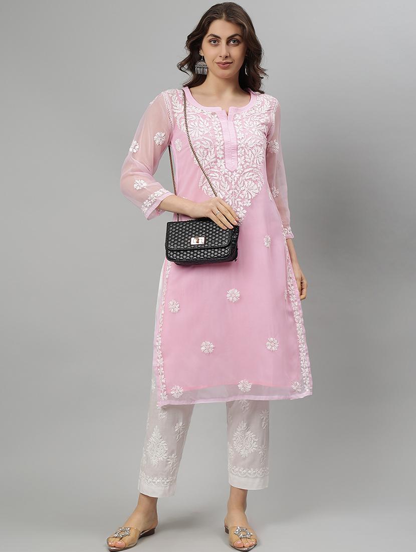 women three quarter sleeve straight chikankari kurta - 21750180 - Standard Image - 5