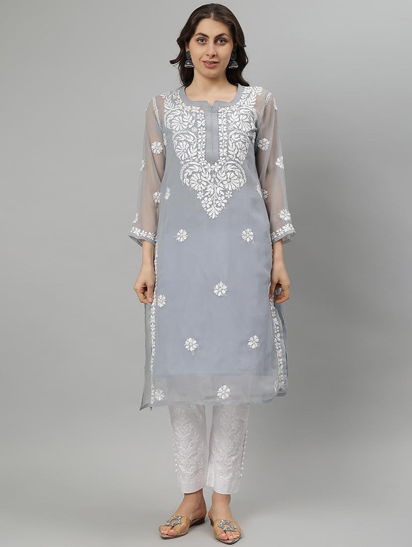 women three quarter sleeve straight chikankari kurta - 21750184 - Zoom Image - 0