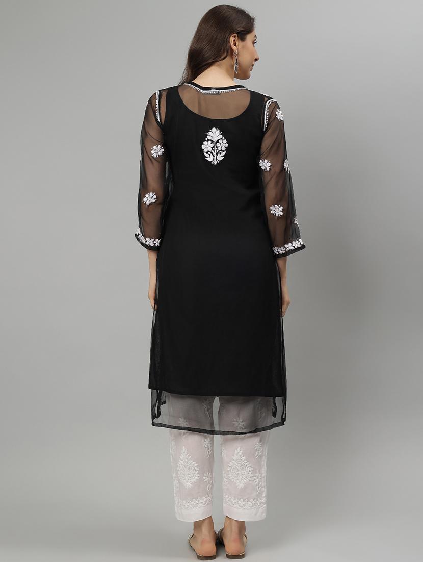 women three quarter sleeve straight chikankari kurta - 21750185 - Standard Image - 3