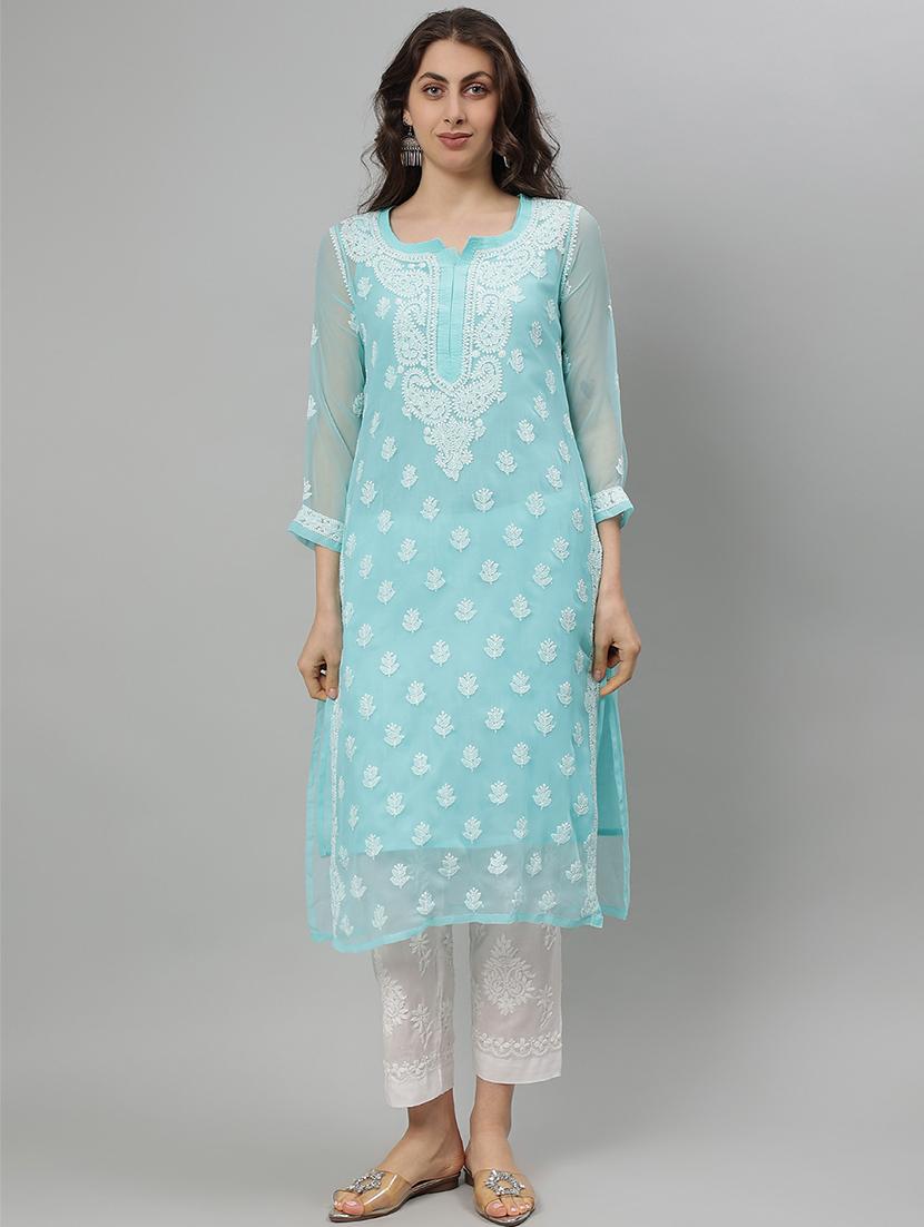 women three quarter sleeve straight chikankari kurta - 21750187 -  Zoom Image - 0