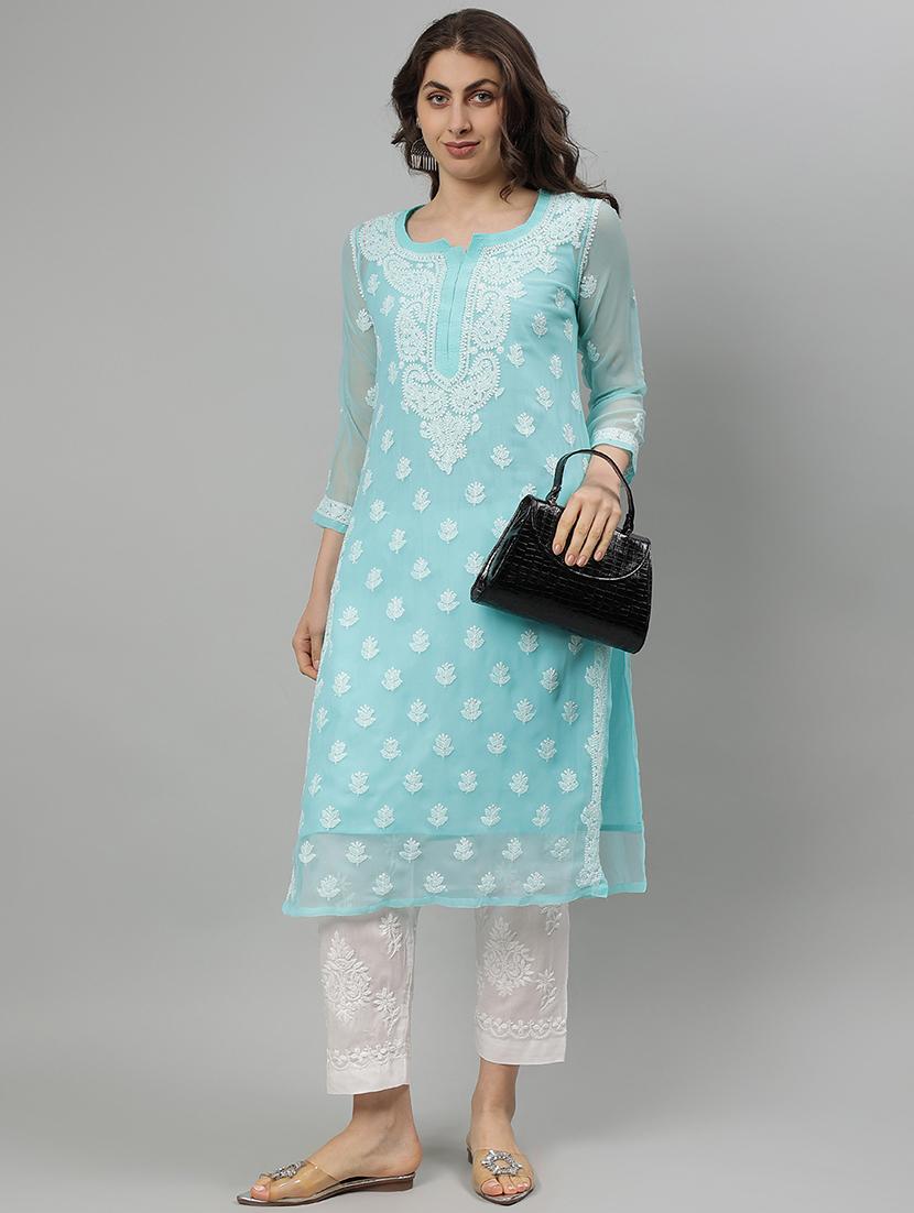 women three quarter sleeve straight chikankari kurta - 21750187 - Standard Image - 5