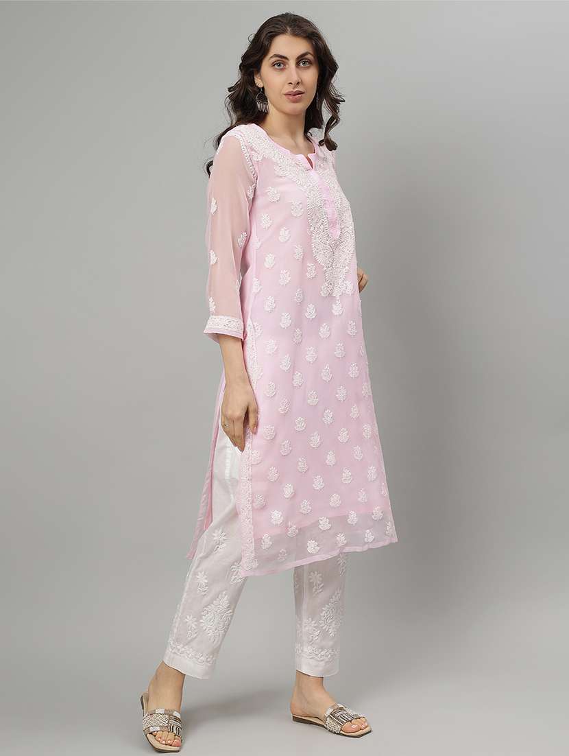 women three quarter sleeve straight chikankari kurta - 21750190 -  Standard Image - 3