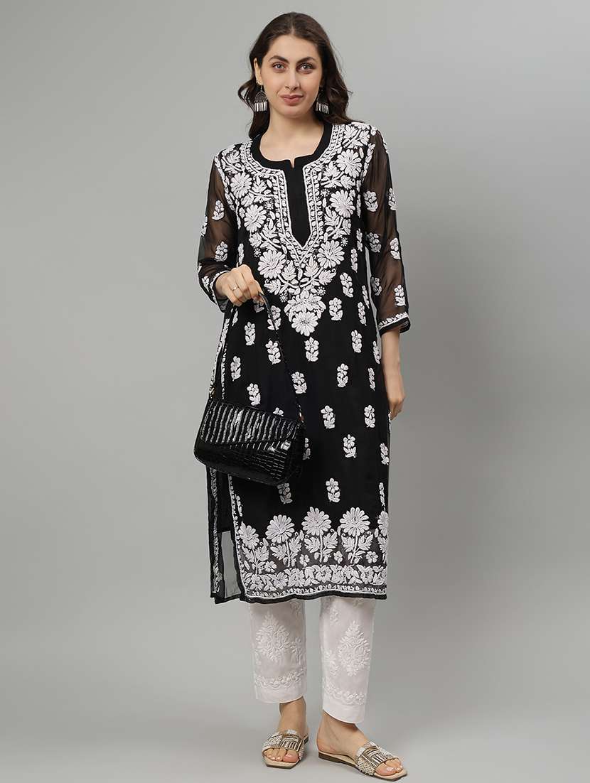 women three quarter sleeve straight chikankari kurta - 21750196 -  Standard Image - 3