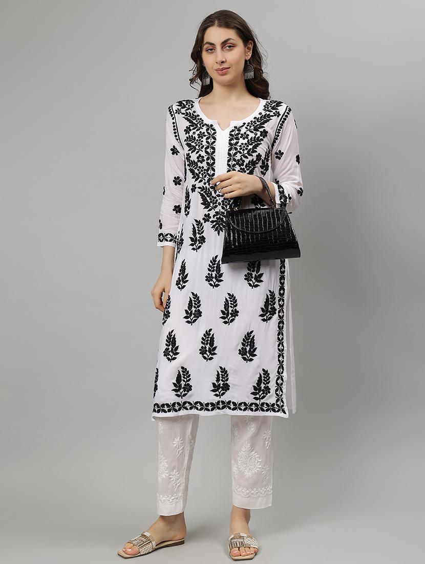 women three quarter sleeve straight chikankari kurta - 21750198 -  Zoom Image - 0
