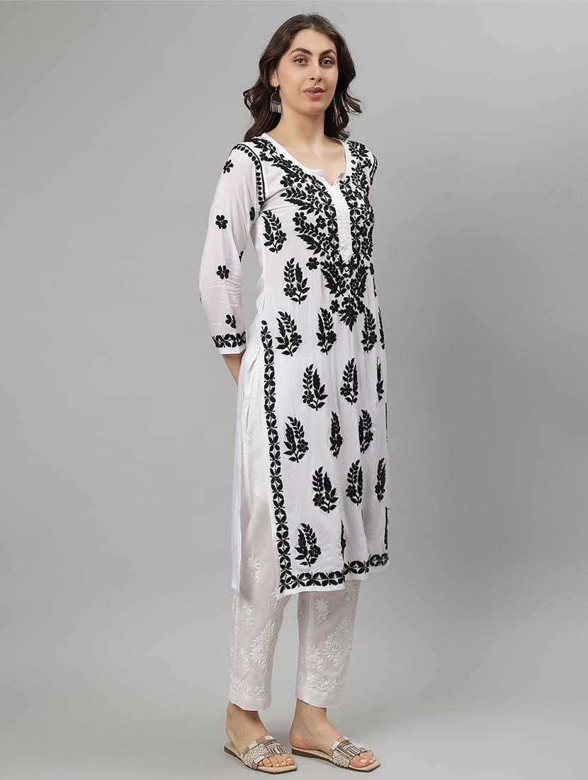 women three quarter sleeve straight chikankari kurta - 21750198 - Standard Image - 3