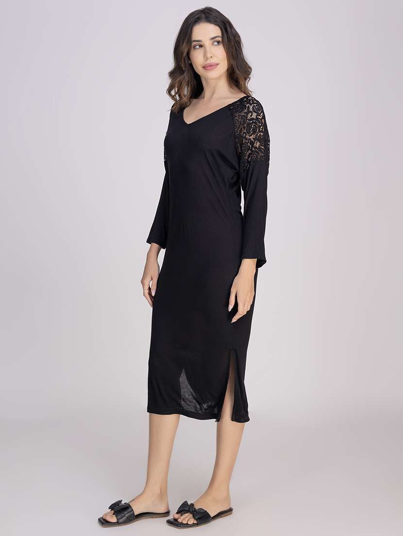 women solid lace detailed long sleeves nighty - 21750206 -  Standard Image - 3