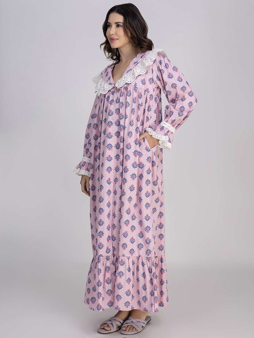 women printed lace detailed long sleeves nighty - 21750216 -  Standard Image - 3