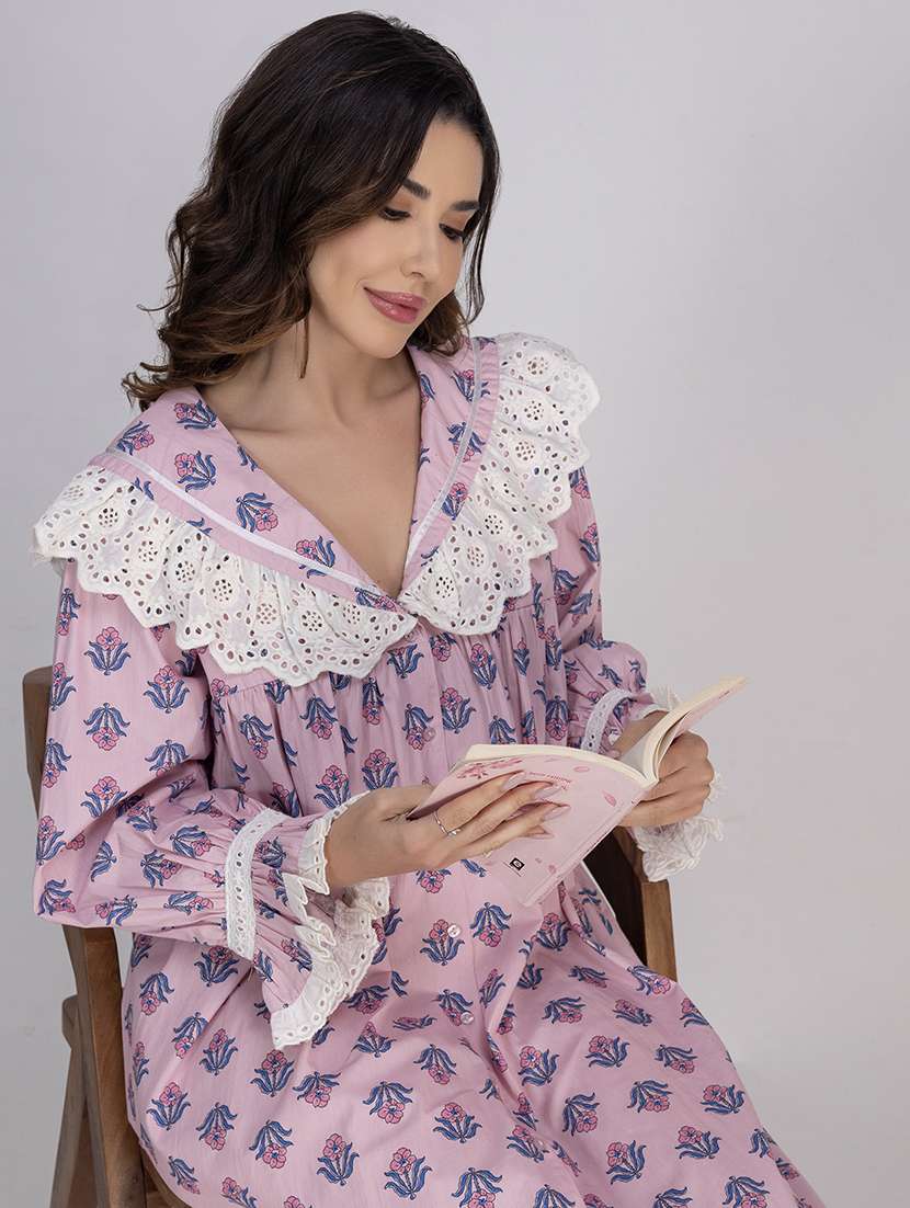 women printed lace detailed long sleeves nighty - 21750216 -  Standard Image - 5