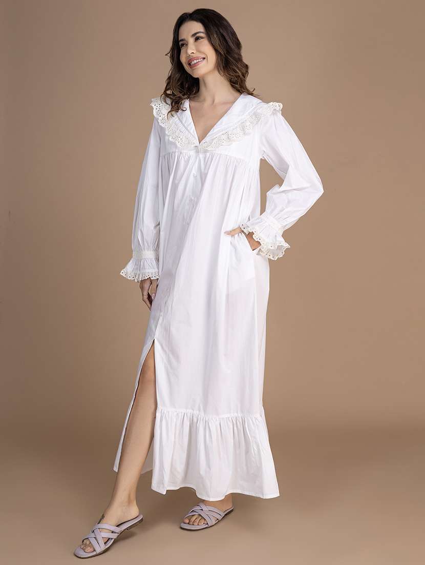 women solid lace detailed long sleeves nighty - 21750218 -  Standard Image - 3