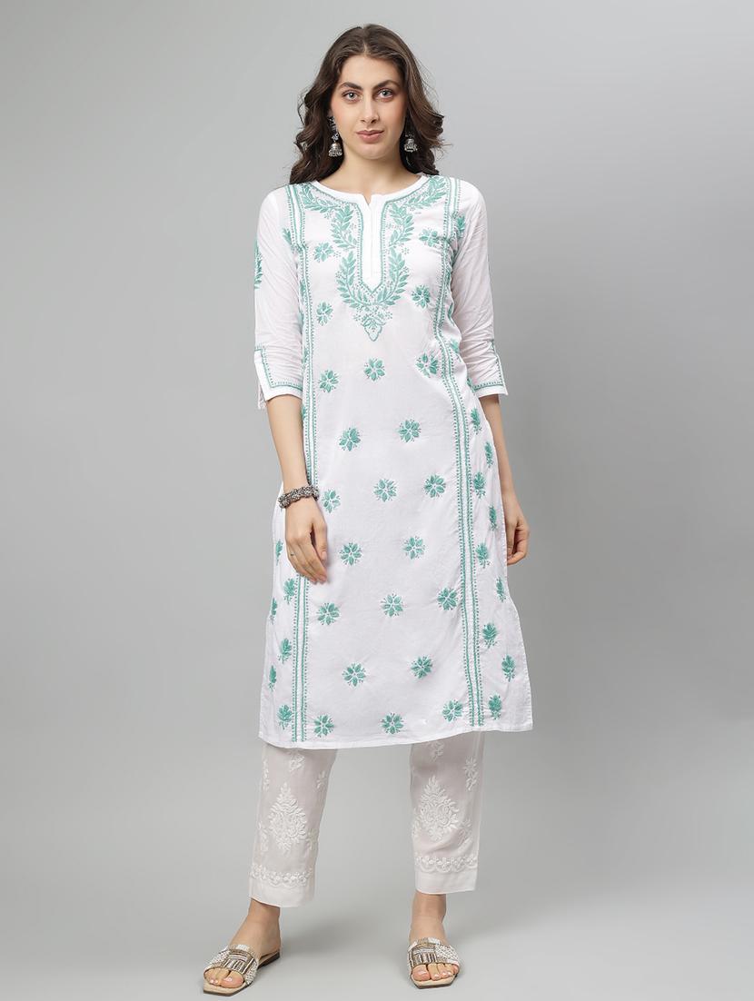 women three quarter sleeve straight chikankari kurta - 21750221 -  Zoom Image - 0