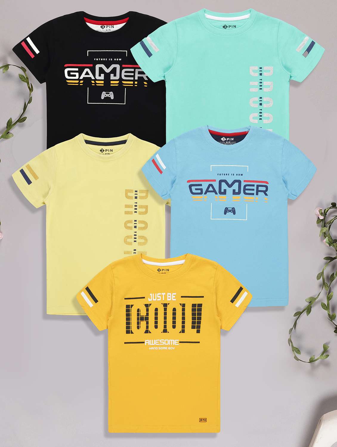 boys pack of 5 typographic short sleeve t-shirt