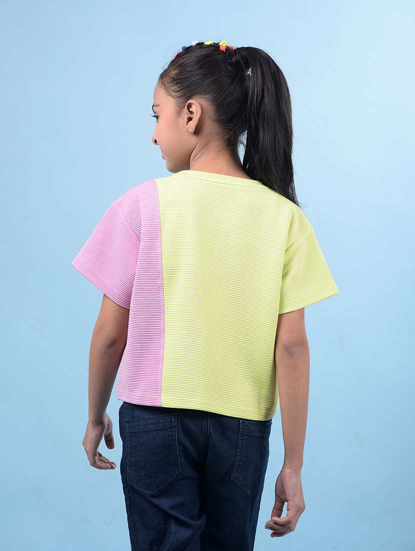 girls yellow color block round neck regular tee - 21750553 - Standard Image - 3