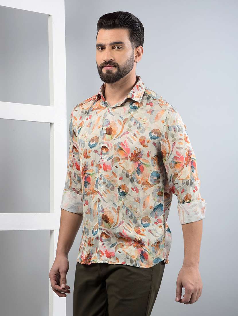 men floral printed long sleeve slim fit casual shirt