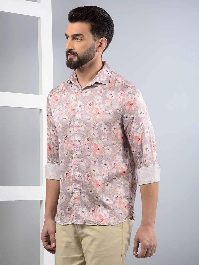 men floral printed long sleeve slim fit casual shirt