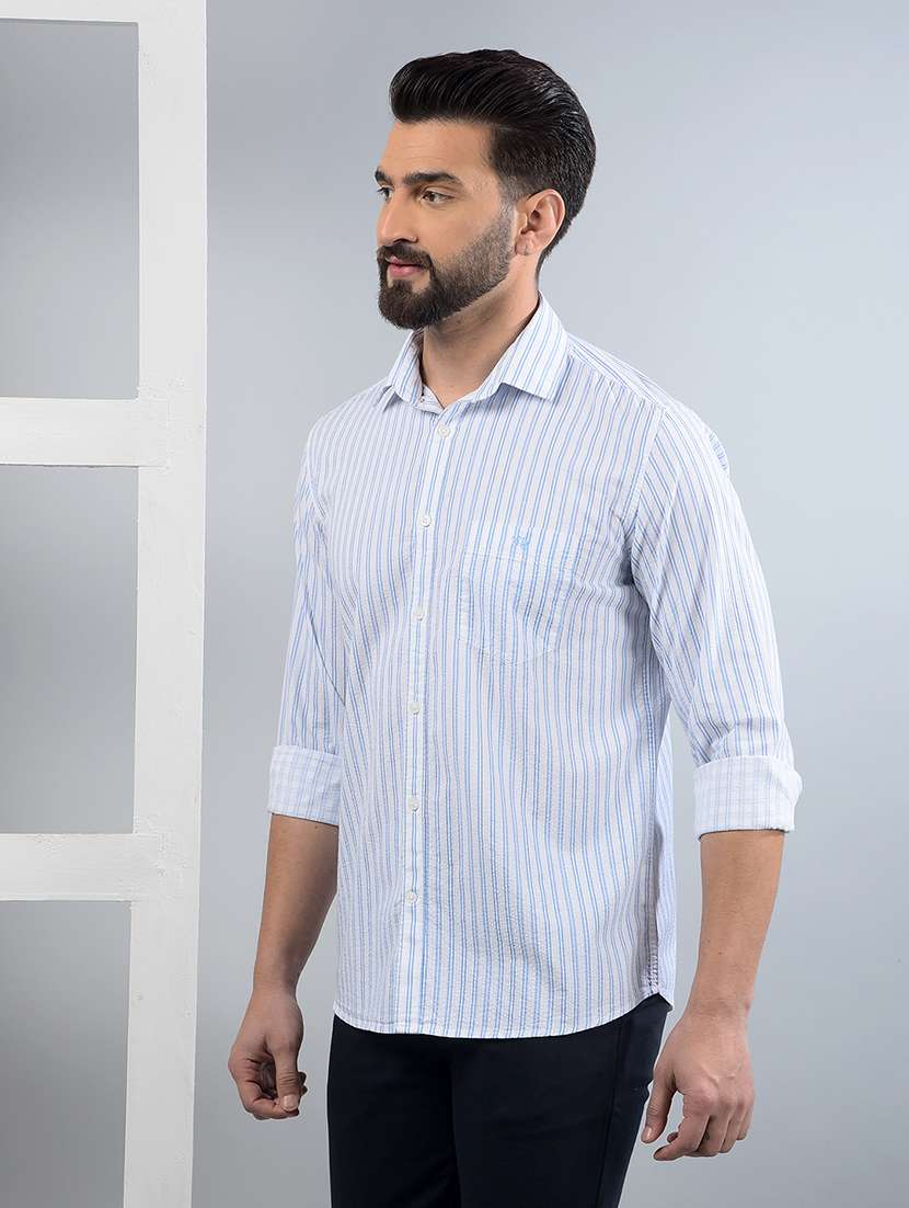 men striped long sleeve slim fit casual shirt
