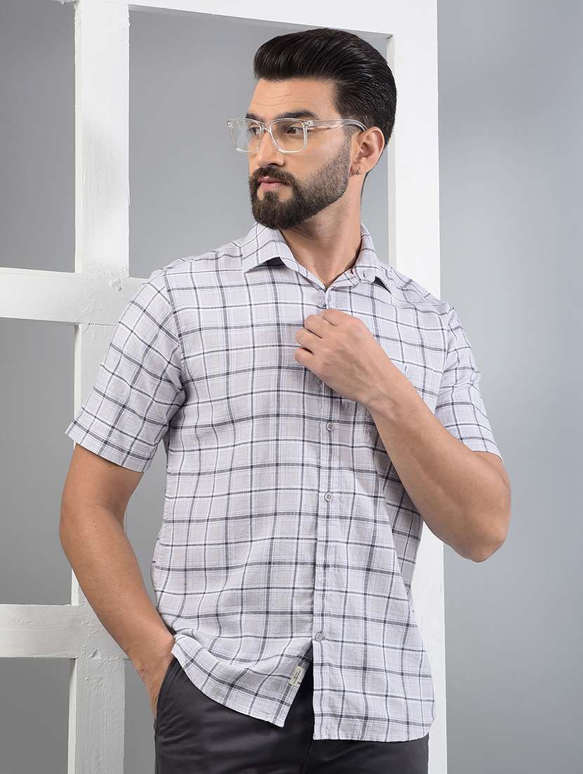 men checkered short sleeve slim fit casual shirt