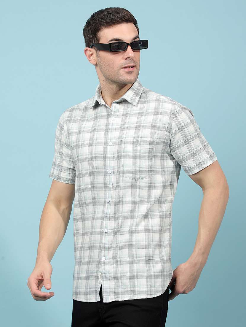 men checkered short sleeve slim fit casual shirt