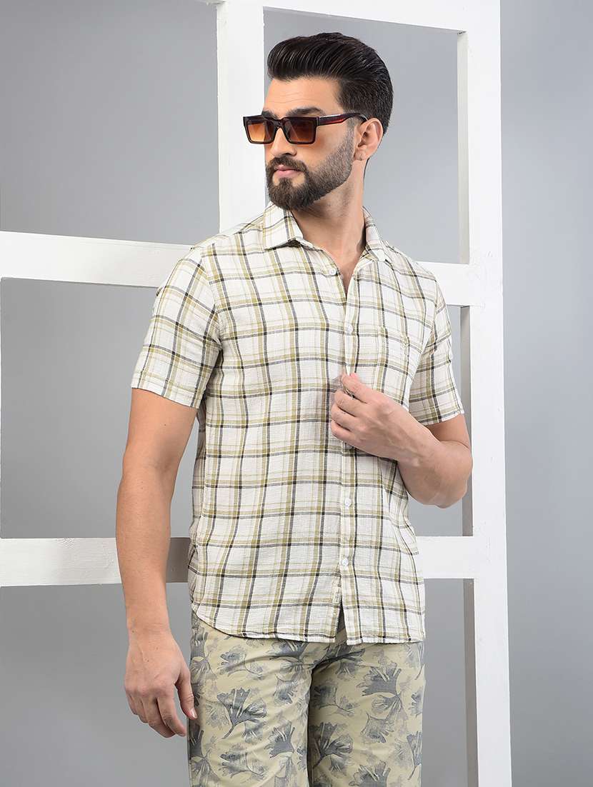 men checkered short sleeve slim fit casual shirt