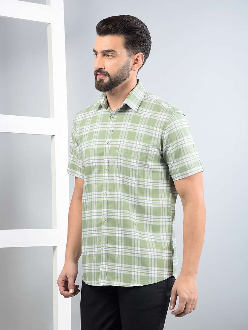 men checkered short sleeve slim fit casual shirt