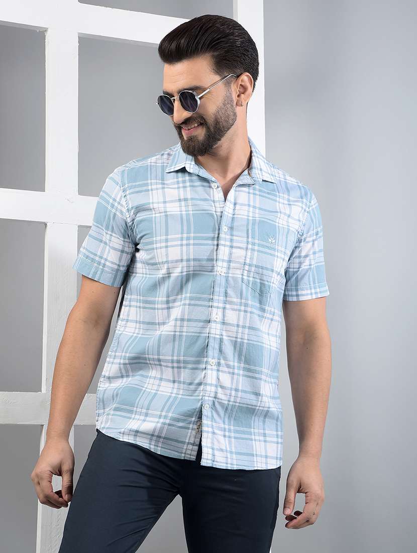 men checkered short sleeve slim fit casual shirt