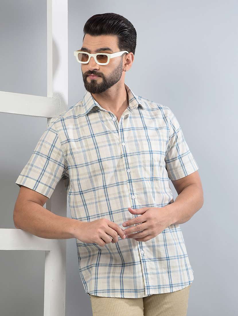 men checkered short sleeve slim fit casual shirt