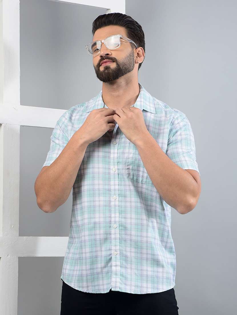 men checkered short sleeve slim fit casual shirt