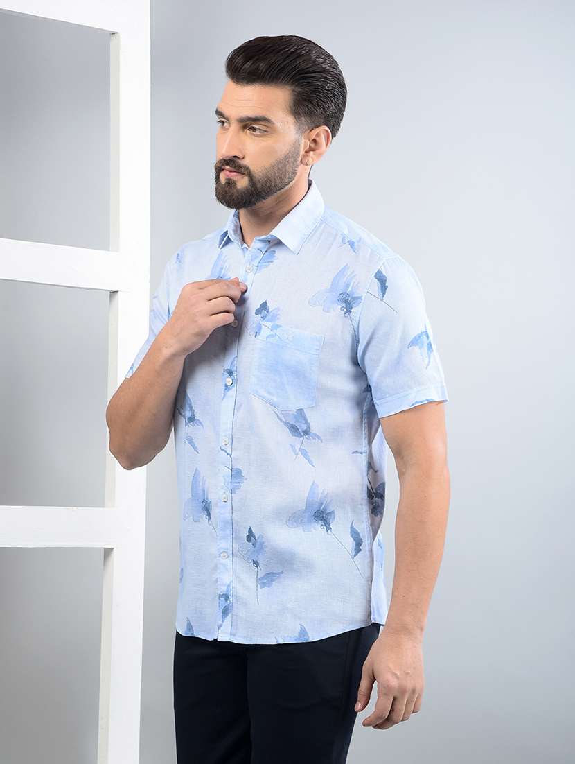 men floral printed short sleeve slim fit casual shirt