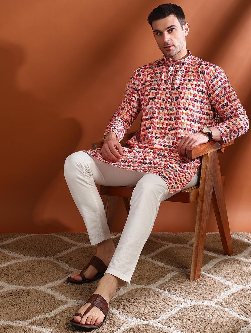 men printed mandarin neck long kurta - 21750730 - Standard Image - 3