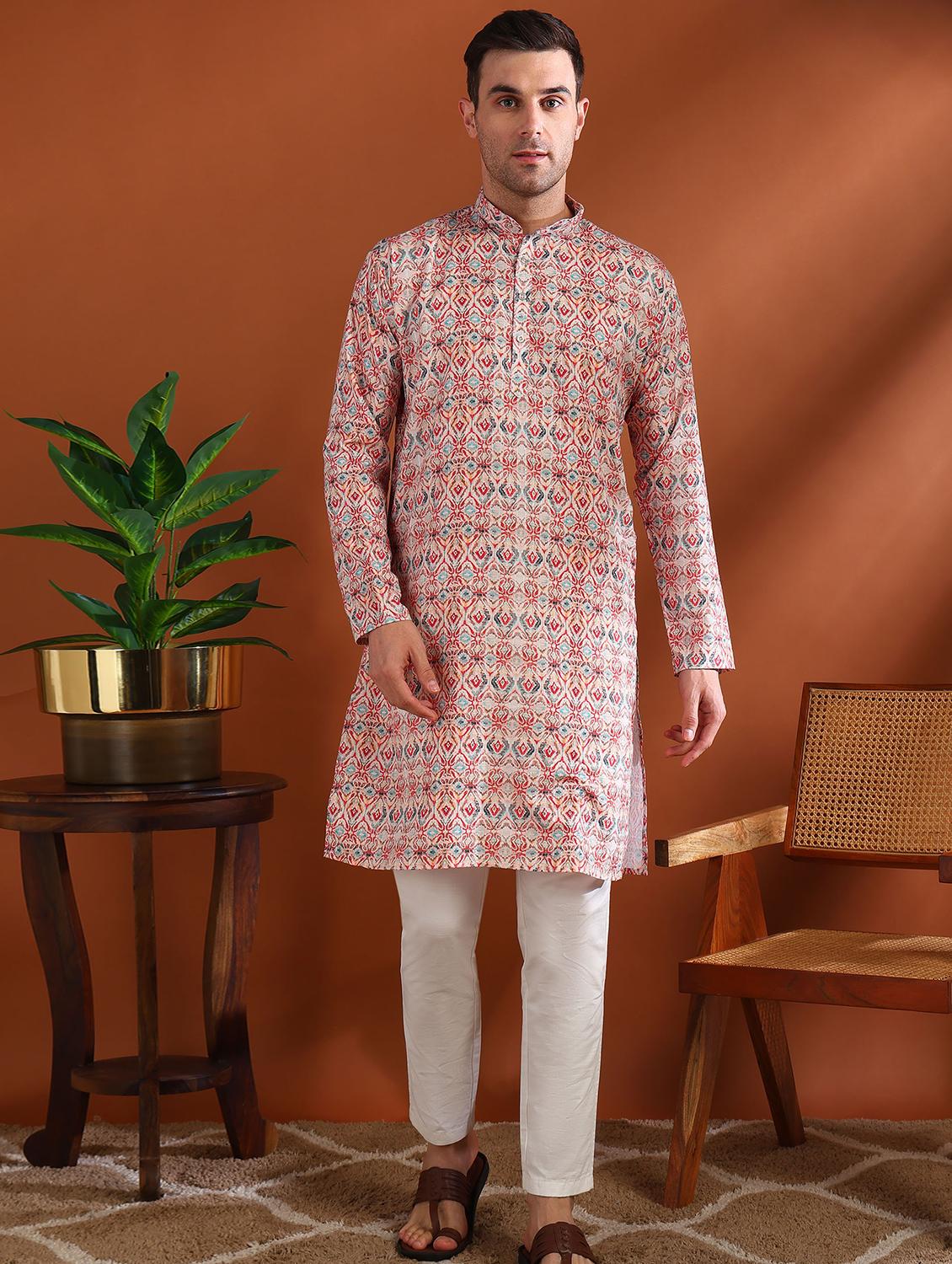 men printed mandarin neck long kurta